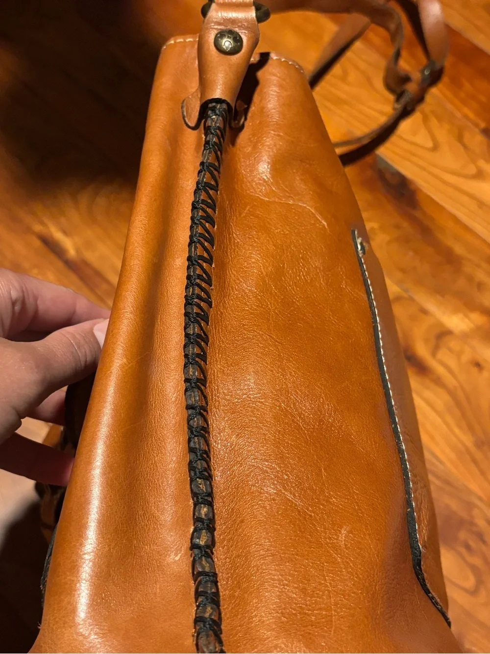 Patricia Nash Italian Leather Cognac Brown Tooled Crossbody Bag with Whipstitch